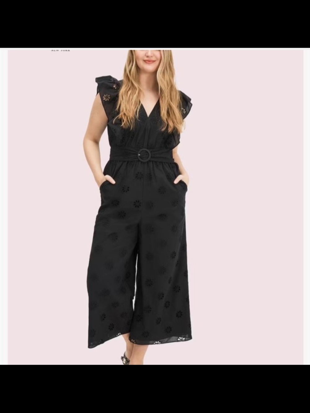 kate spade Black Eyelet Ruffle-Sleeve Belted Wide-Leg Jumpsuit